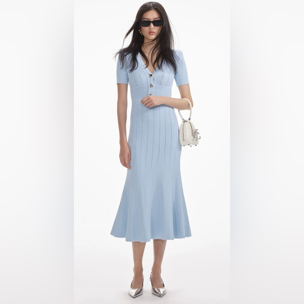 Self-Portrait Blue Pointelle Knit Midi Dress